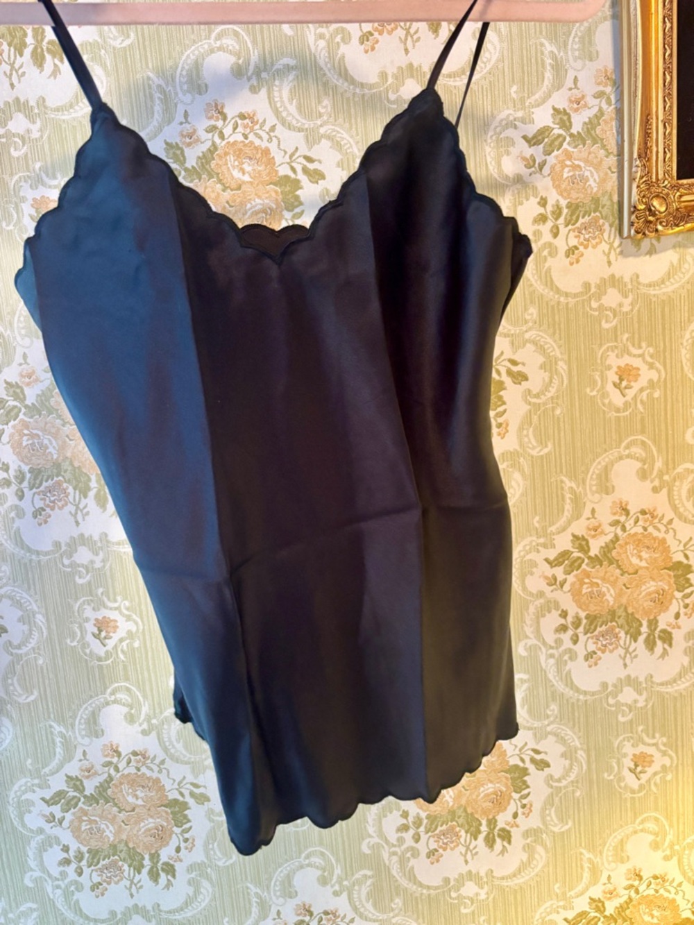 Vintage Macy’s Black Satin Camisole Slip Top Size Small Scalloped Trim Y2K